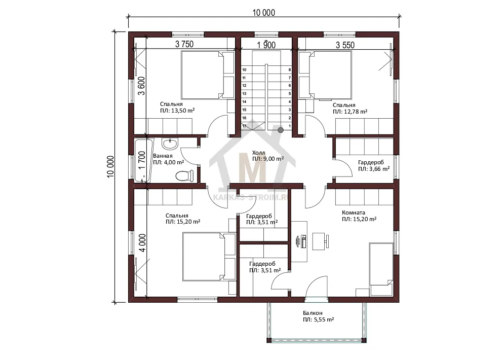Планировка второго этажа Проект двухэтажного дома с 5 спальнями каркасный 10х11 цена строительства.