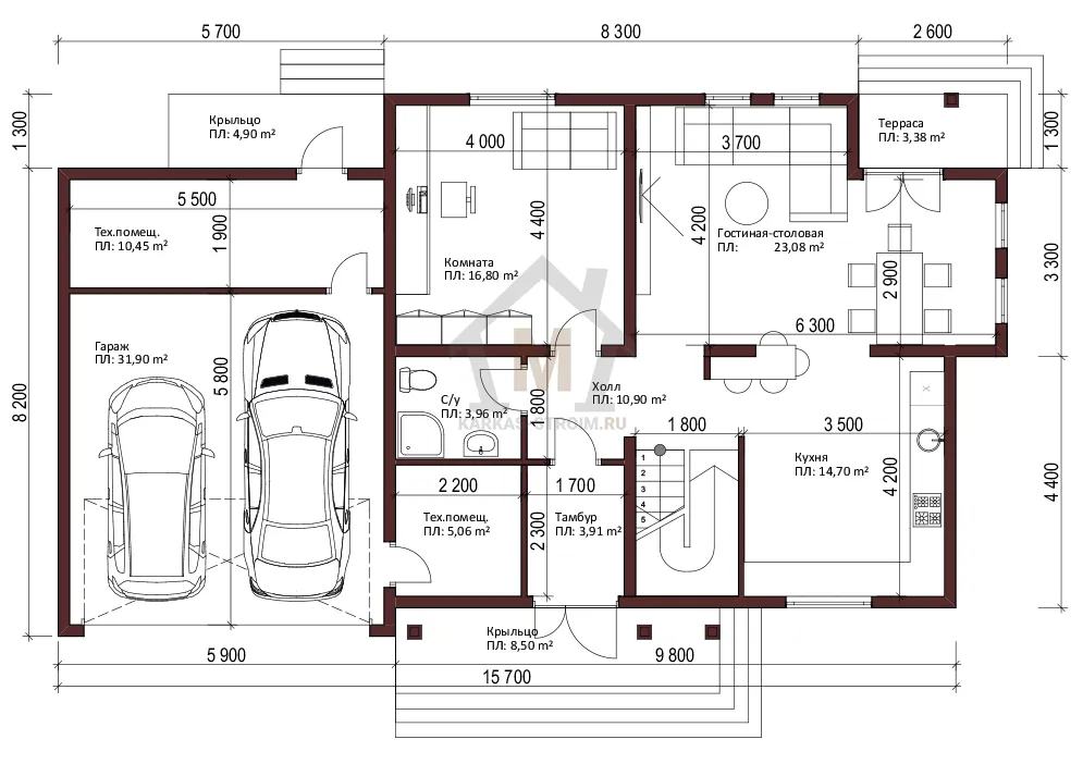 Планировка первого этажа Каркасный дом с гаражом на 2 машины двухэтажный 9х16 заказать.