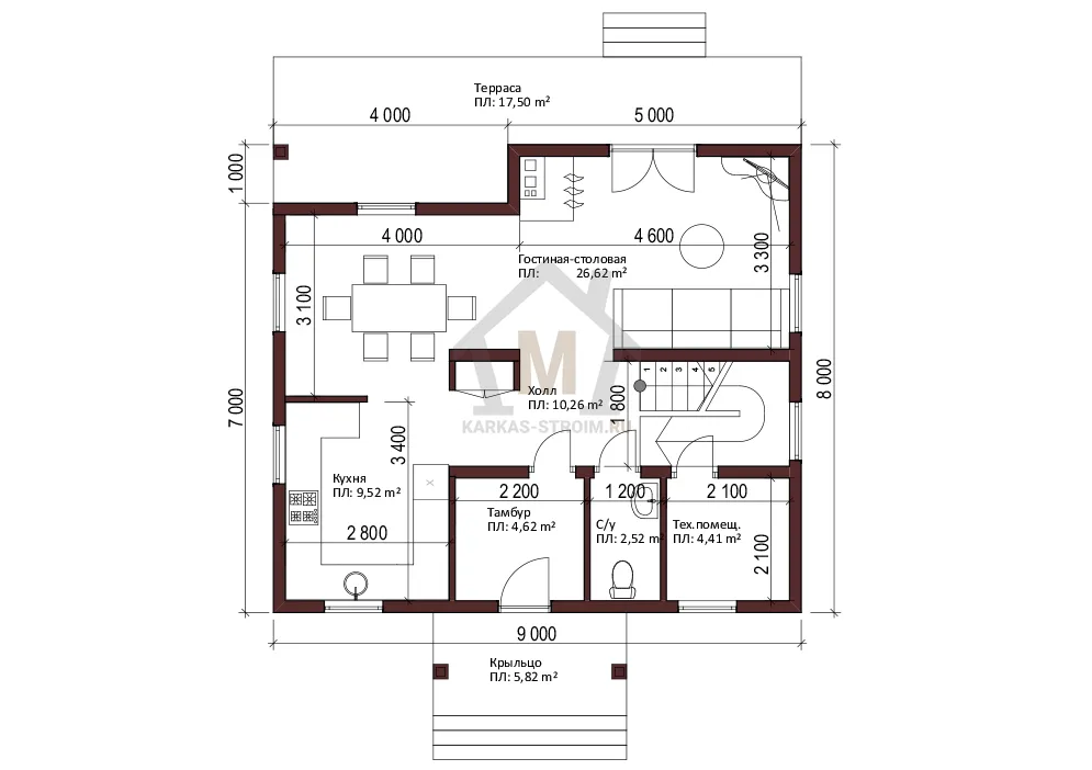 Планировка первого этажа Проект каркасного дома 8х9 с отличной планировкой цена под ключ.