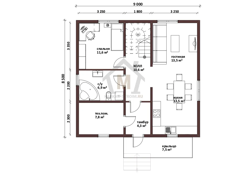 Планировка первого этажа Каркасный дом с мансардным этажом 8х9 проект под ключ цена.
