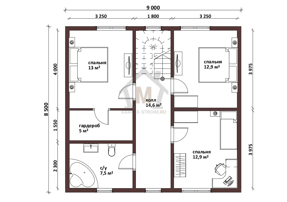 Планировка второго этажа Каркасный дом с мансардным этажом 8х9 проект под ключ цена.