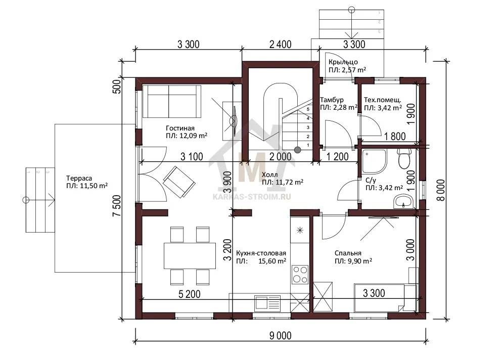 Планировка первого этажа Каркасный дом  8х9 с мансардным этажом проект Катажина заказать.