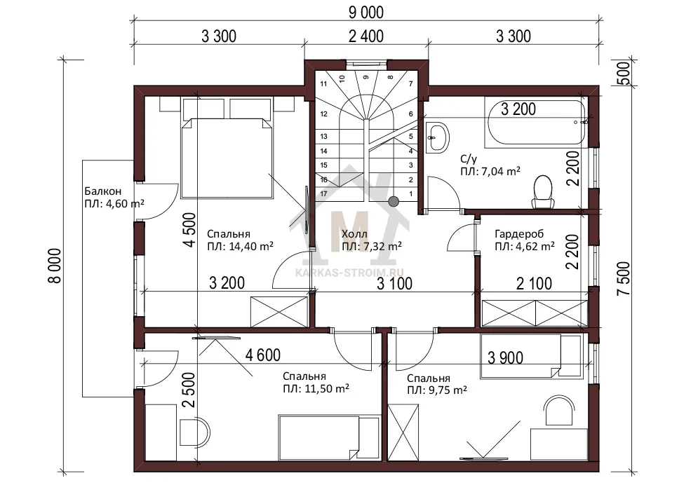 Планировка второго этажа Каркасный дом  8х9 с мансардным этажом проект Катажина заказать.