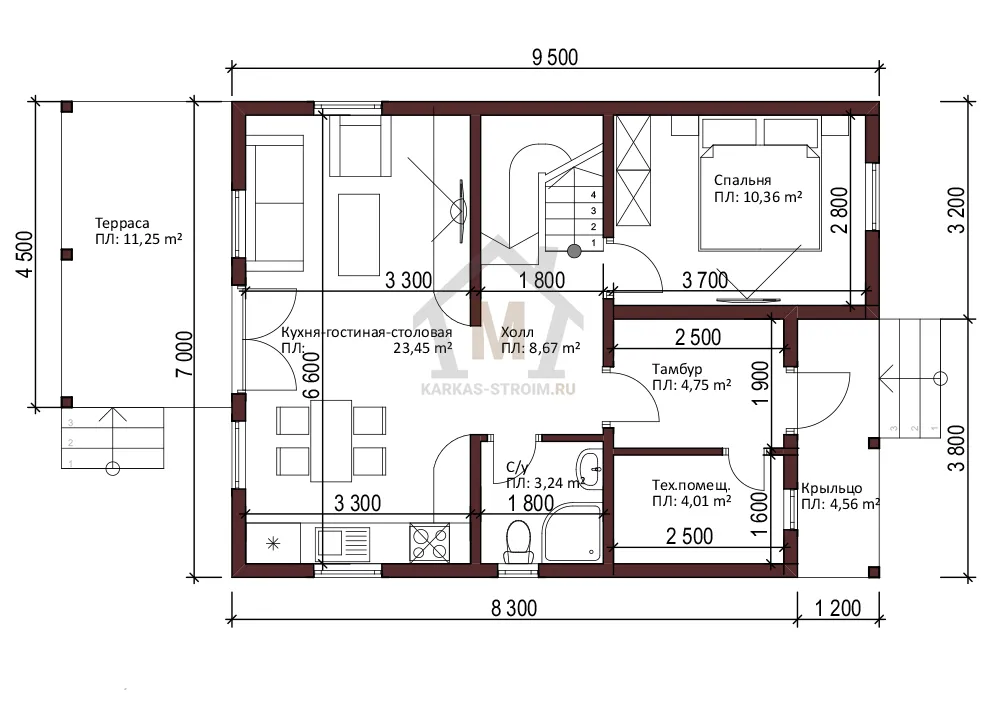 Планировка первого этажа Каркасный дом 7 на 9,5 с мансардой для постоянного проживания под ключ.
