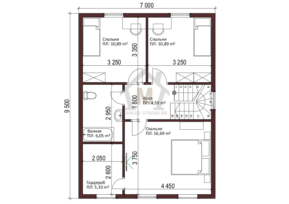 Планировка второго этажа Каркасный дом 7 на 9,5 с мансардой для постоянного проживания под ключ.