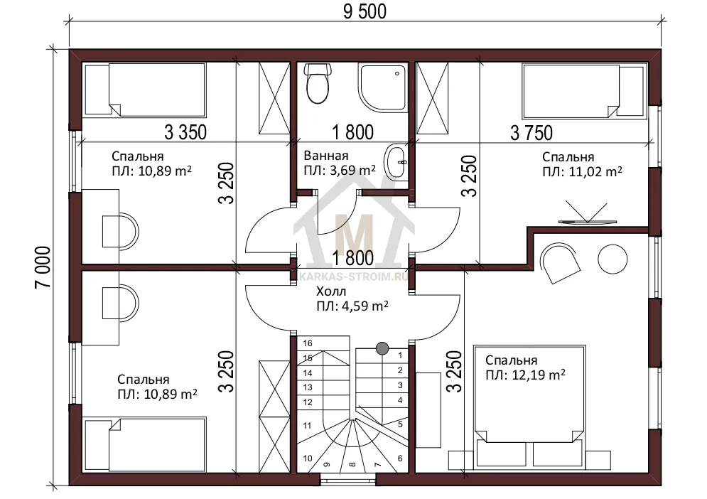 Планировка второго этажа Каркасный дом под ключ 7х9 цена проекта Барбора.
