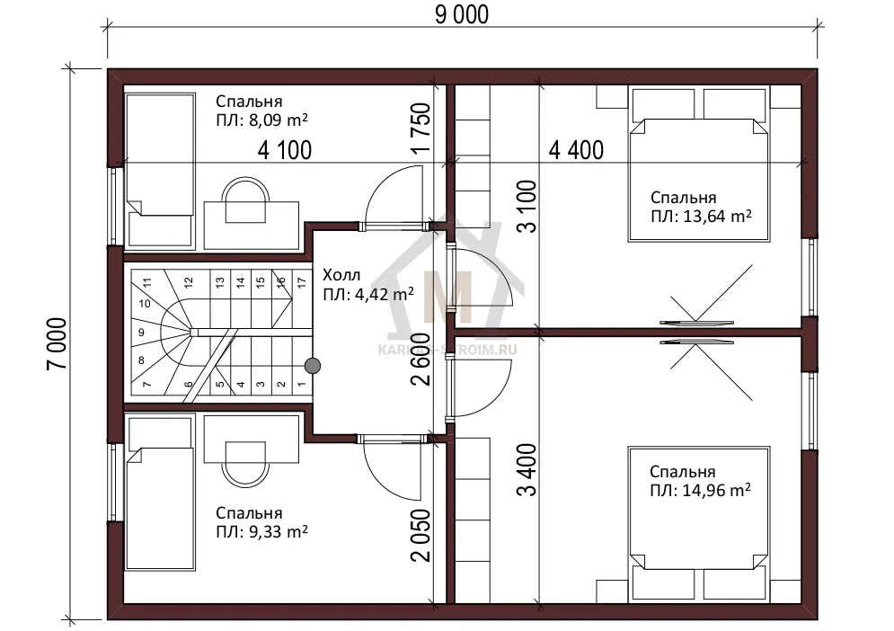 Планировка второго этажа Проект каркасного дома с мансардой 7х9 цена {price} Иржи.