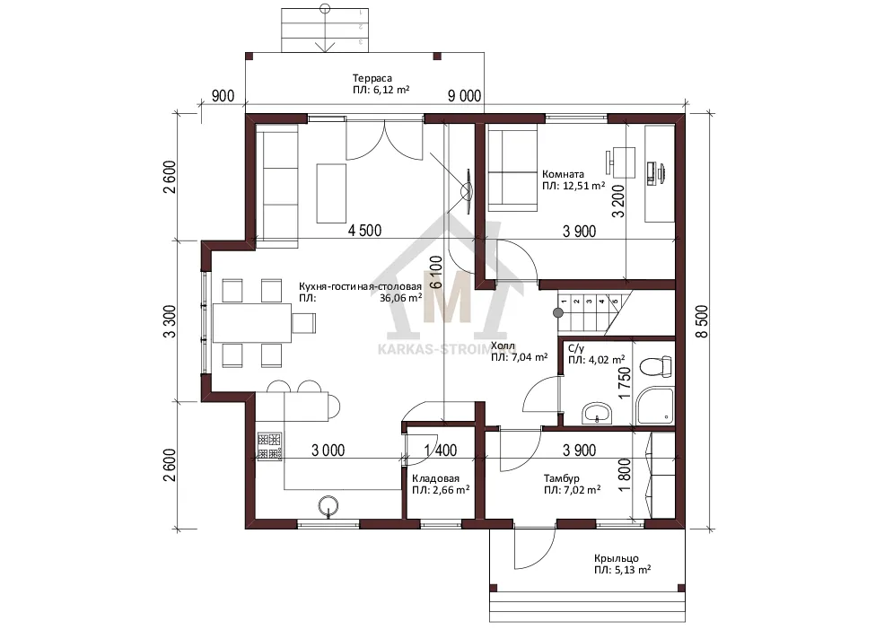 Планировка первого этажа Проект дома 8х9 с отличной планировкой 4 спальни каркасный {price}.