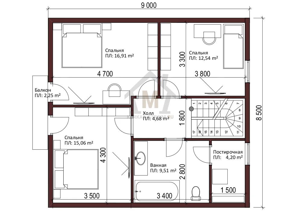 Планировка второго этажа Проект дома 8х9 с отличной планировкой 4 спальни каркасный {price}.