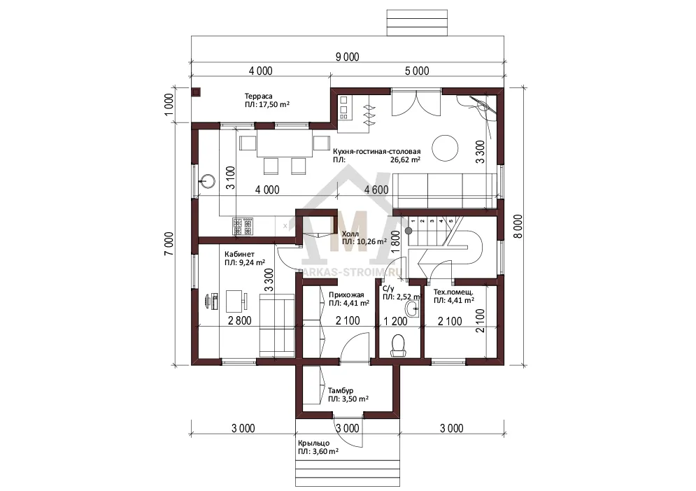 Планировка первого этажа Каркасный дом 8х9 с мансардой по цене {price} купить.