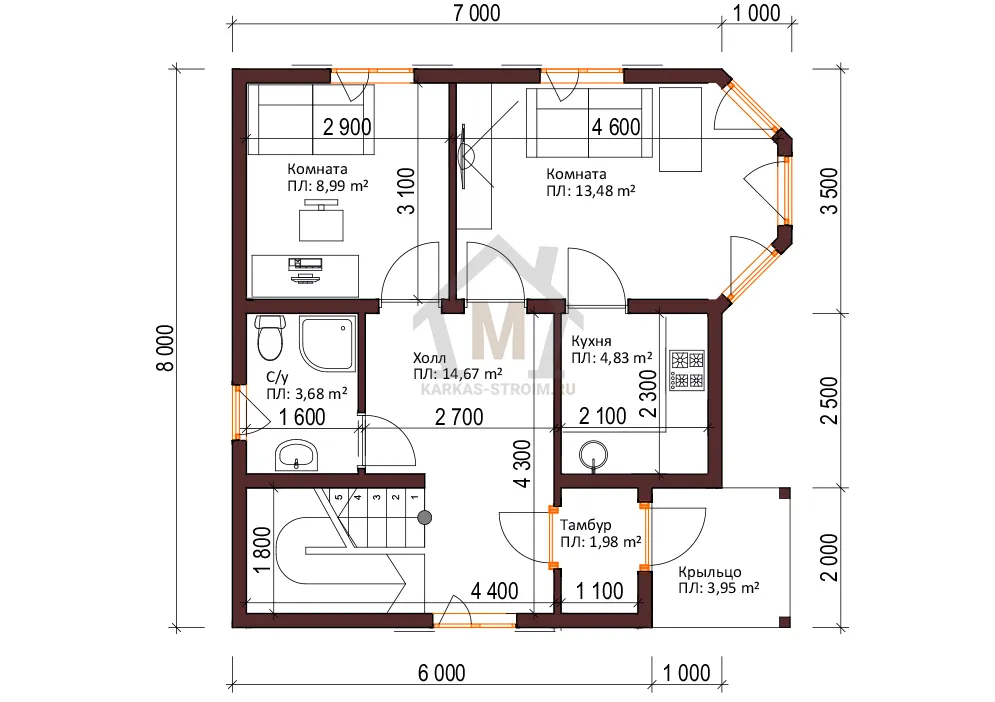 Планировка первого этажа Проект дома 8х8 с отличной планировкой цена {price} заказать.