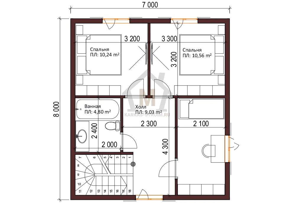 Планировка второго этажа Проект дома 8х8 с отличной планировкой цена {price} заказать.